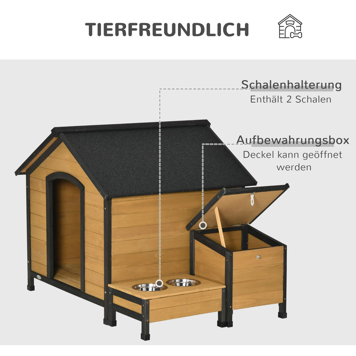 Wooden Dog Kennel Insulated Small Animal House With 2 Dog Bowls, Asphalt Roof, Outdoor, Weatherproof, Fir Wood