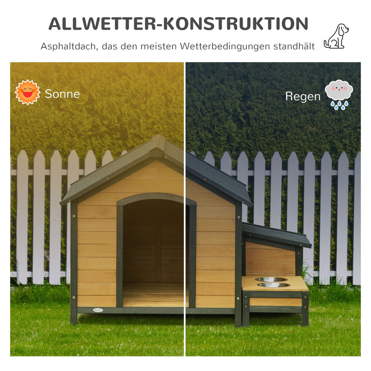 Wooden Dog Kennel Insulated Small Animal House With 2 Dog Bowls, Asphalt Roof, Outdoor, Weatherproof, Fir Wood
