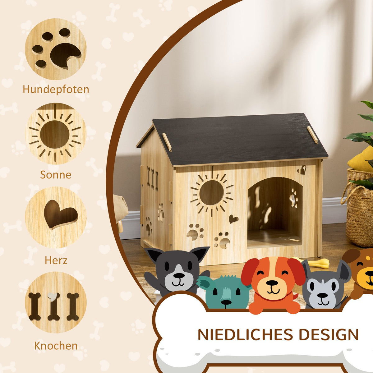 Wooden Dog Kennel Small Animal House With Ventilation Openings Dog House With Roof Dog Cave Indoor Mdf Oak + Black 69 X 50 X 58.5 Cm