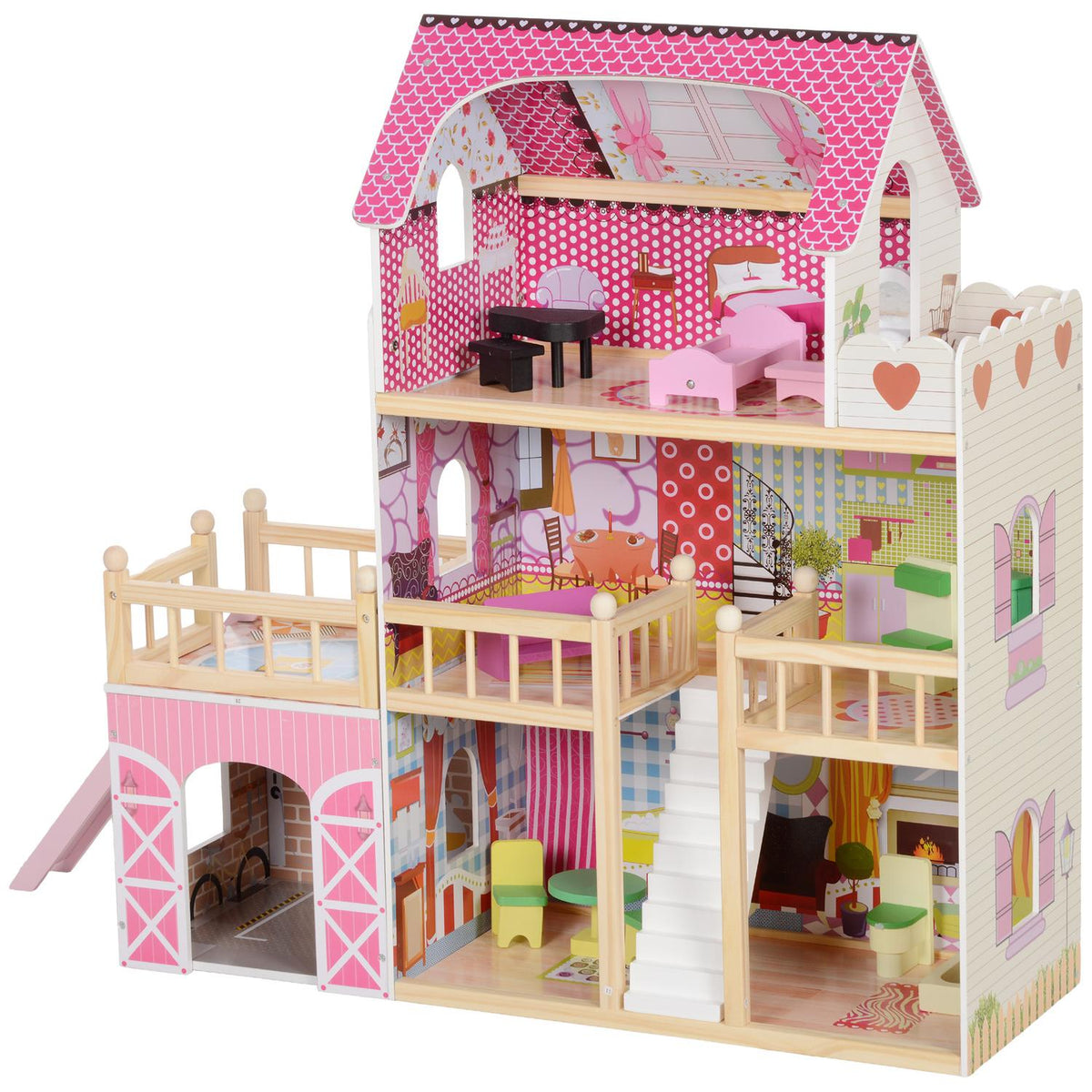 Wooden Dollhouse, 3 Tier Playhouse, 13 Pieces of Furniture, Removable Garage, Slides & Balcony, 36" Tall Dollhouse for 3-6 Years Kids, Pink