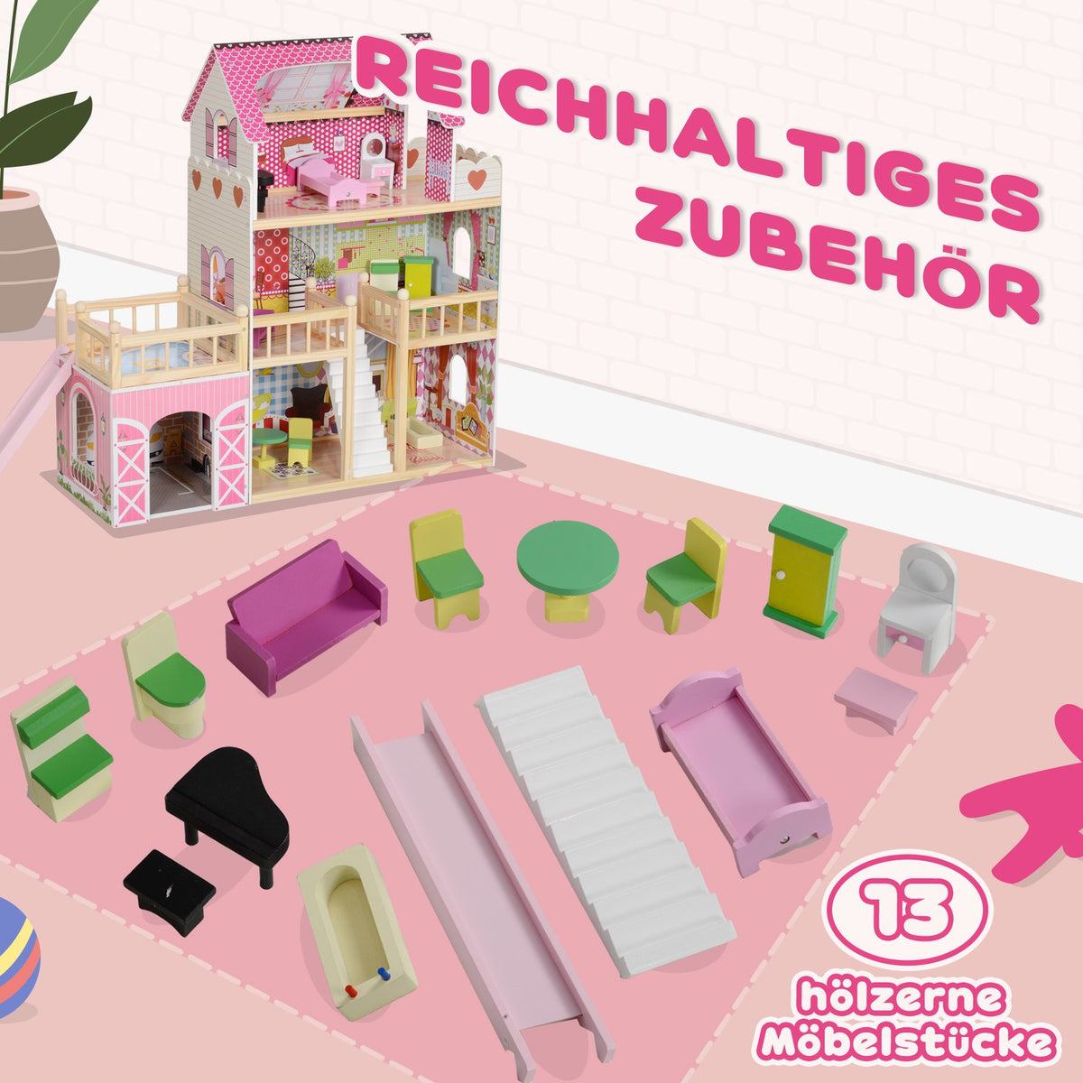 Wooden Dollhouse, 3 Tier Playhouse, 13 Pieces of Furniture, Removable Garage, Slides & Balcony, 36" Tall Dollhouse for 3-6 Years Kids, Pink