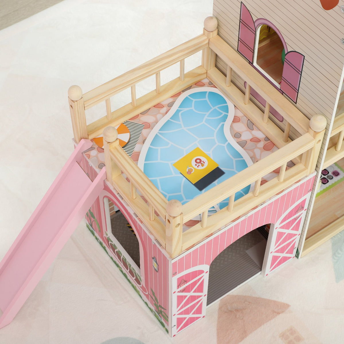 Wooden Dollhouse, 3 Tier Playhouse, 13 Pieces of Furniture, Removable Garage, Slides & Balcony, 36" Tall Dollhouse for 3-6 Years Kids, Pink