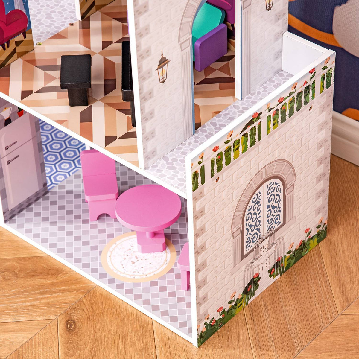 Wooden Dollhouse With Furniture And Accessories, 3 Floors, For Children Aged 3 And Over, Pink, 60X29X85Cm