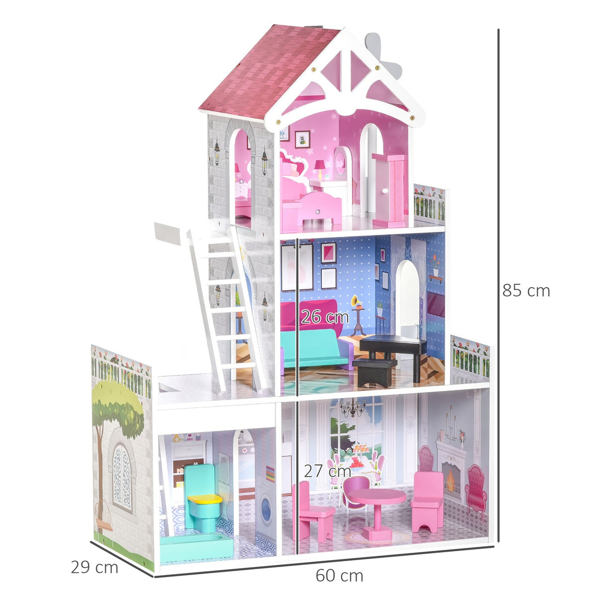 Wooden Dollhouse With Furniture And Accessories, 3 Floors, For Children Aged 3 And Over, Pink, 60X29X85Cm