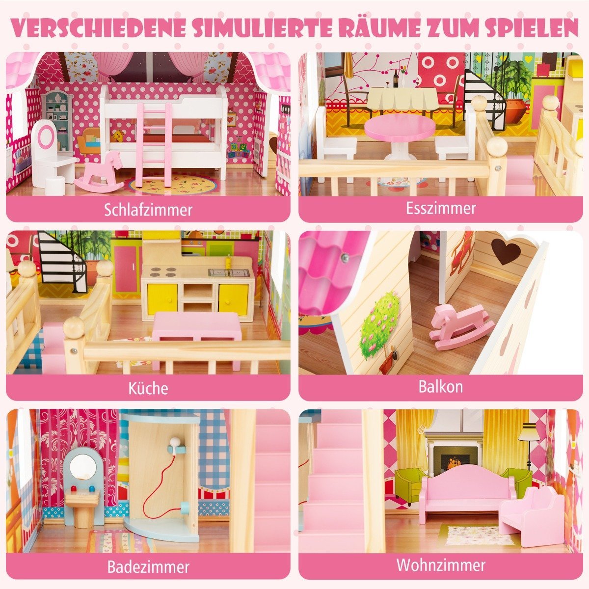 Wooden Dollhouse with 3 Floors, 15 Furniture Pieces, 6 Rooms