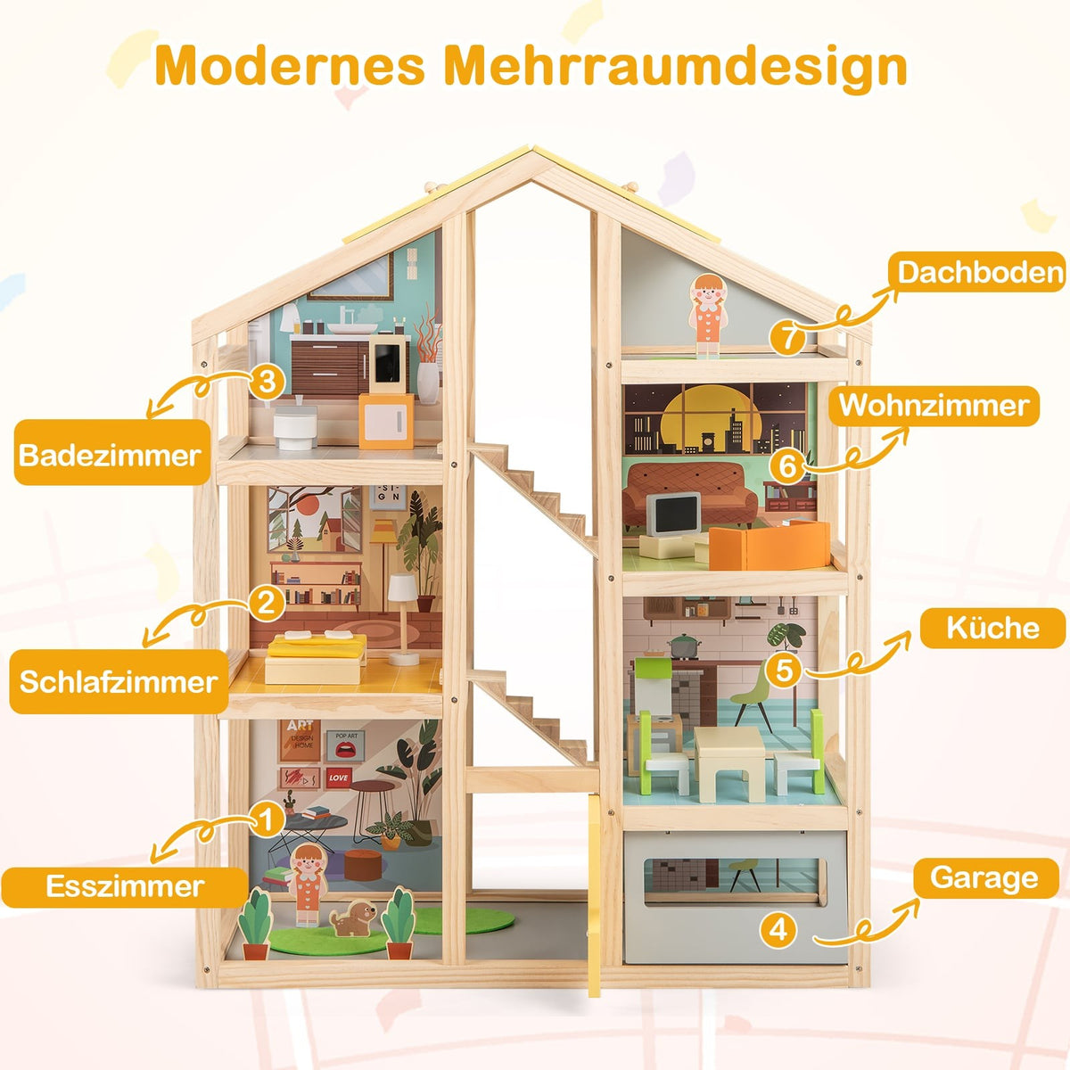 Wooden Dollhouse with Furniture & Figures, Multi-Room Design