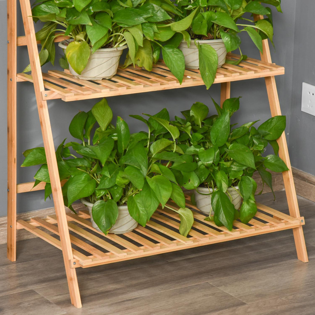 Wooden Flower Stairs Plant Stand Ladder Shelf Adjustable Hanging Height Flower Stand Hanging Bamboo Natural Indoor Outdoor 70 X 40 X 143 Cm