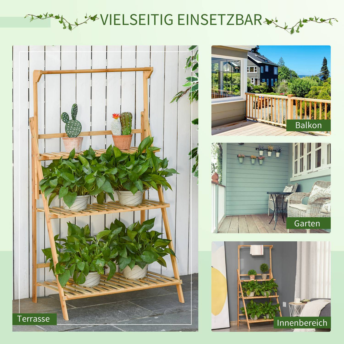 Wooden Flower Stairs Plant Stand Ladder Shelf Adjustable Hanging Height Flower Stand Hanging Bamboo Natural Indoor Outdoor 70 X 40 X 143 Cm