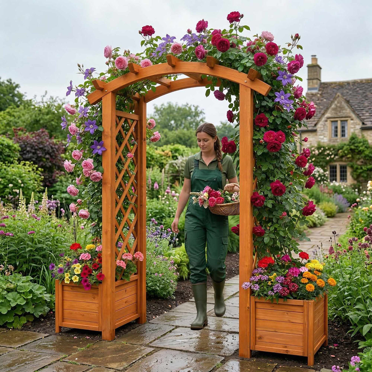 Wooden Garden Arch with Planters and Trellis, Fir