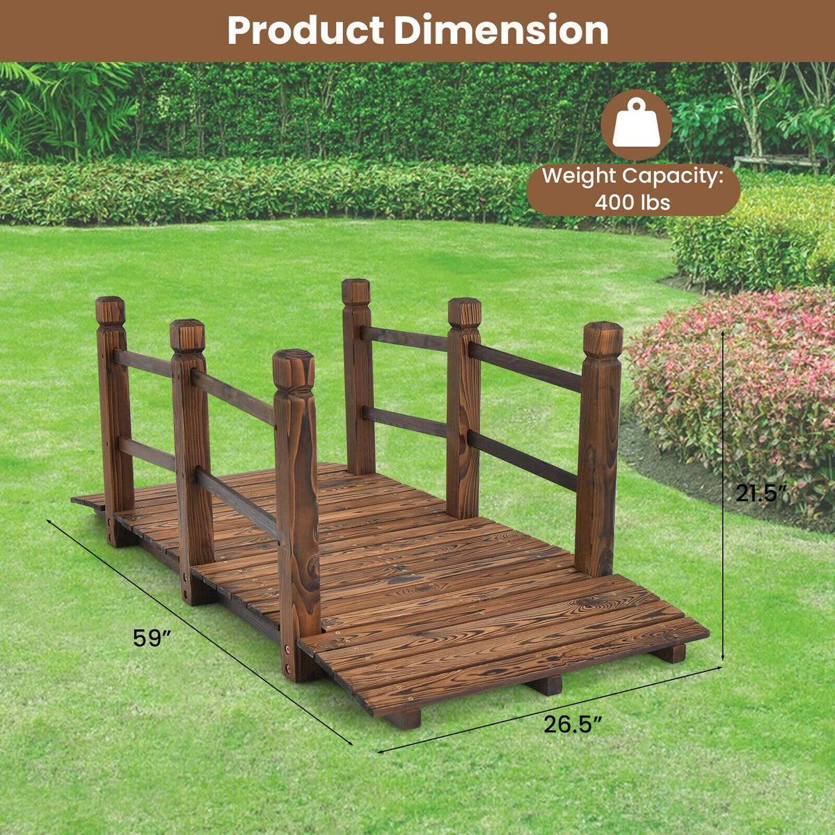 Wooden Garden Bridge, 5 ft, Safety Rails, Fir Wood