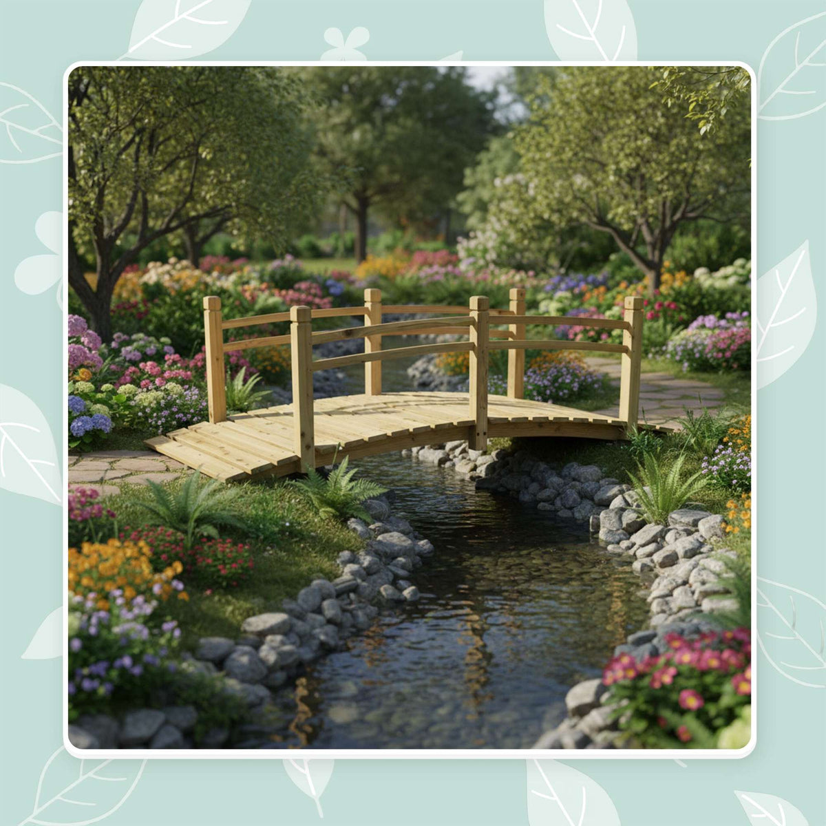 Wooden Garden Bridge with Arch and Railing