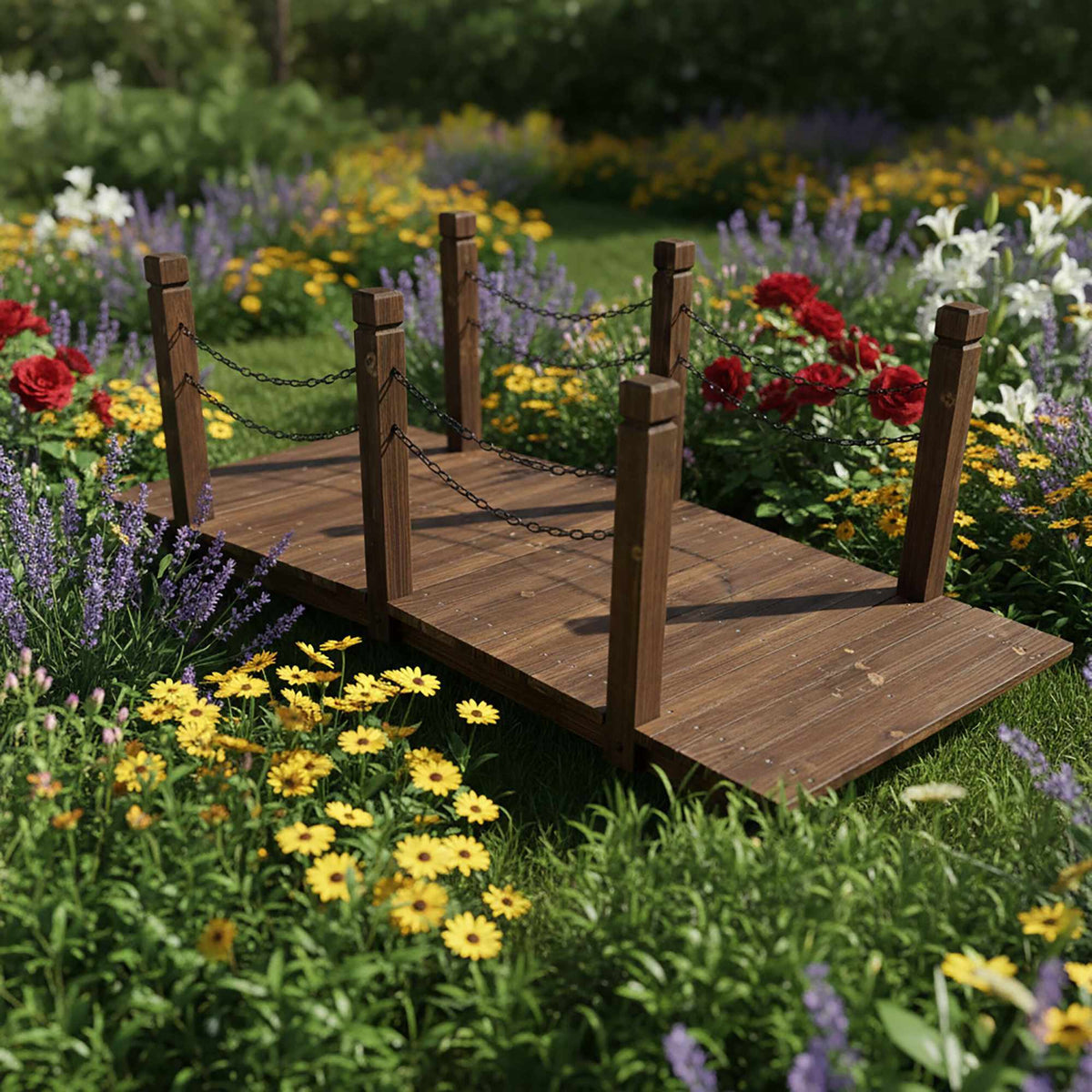 Wooden Garden Bridge with Chains – Weatherproof Spruce