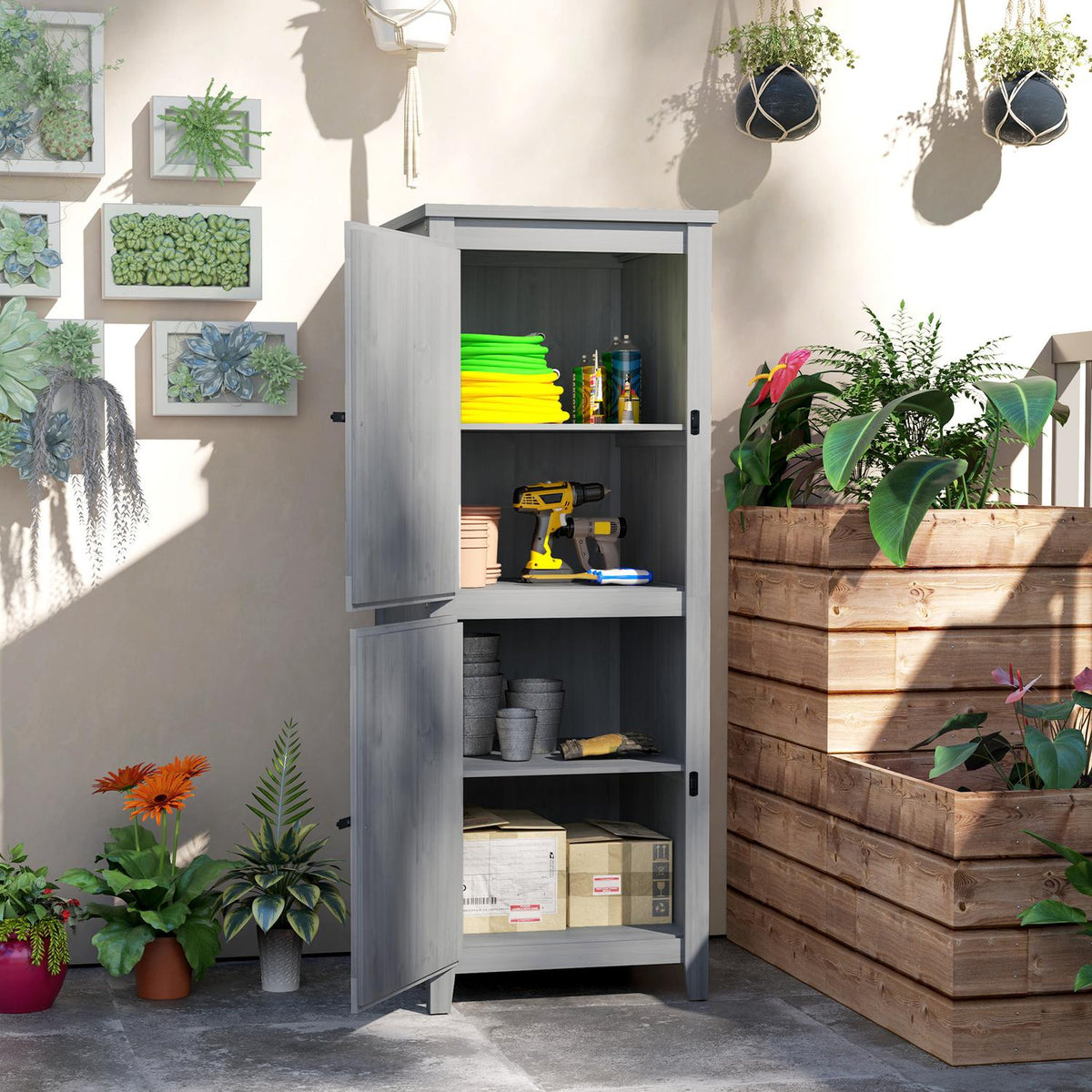 Wooden Garden Cabinet, Tool Shed, Weatherproof Tool Cabinet, 60x60x160cm, Tool Shed with Double Door, Shelves, Lockable Tool Cabinet Garden Shed for Garden, Patio, Light Gray |