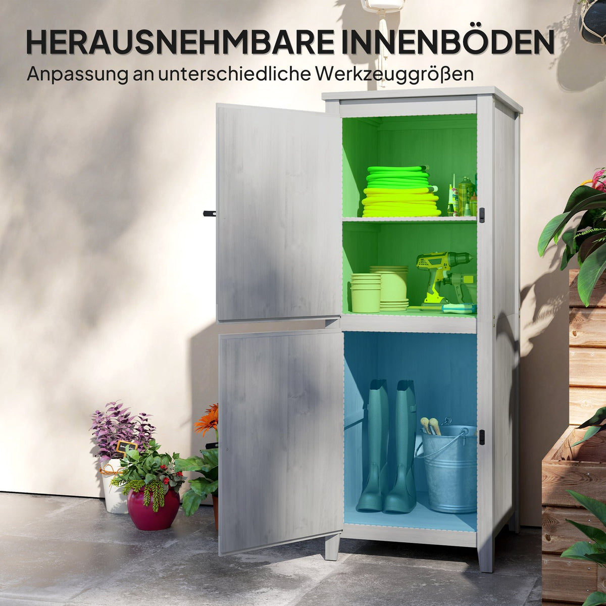 Wooden Garden Cabinet, Tool Shed, Weatherproof Tool Cabinet, 60x60x160cm, Tool Shed with Double Door, Shelves, Lockable Tool Cabinet Garden Shed for Garden, Patio, Light Gray |