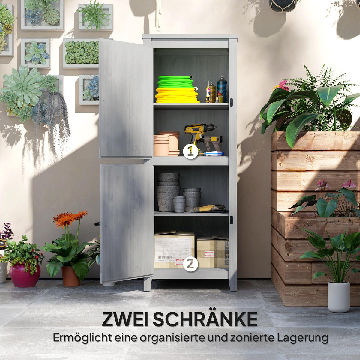 Wooden Garden Cabinet, Tool Shed, Weatherproof Tool Cabinet, 60x60x160cm, Tool Shed with Double Door, Shelves, Lockable Tool Cabinet Garden Shed for Garden, Patio, Light Gray |