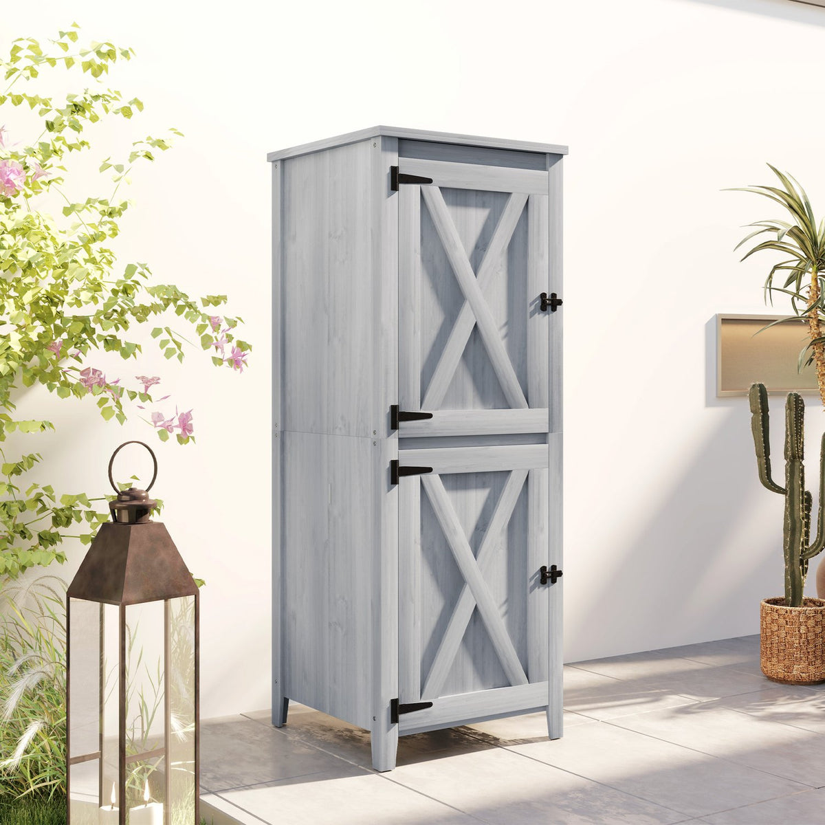 Wooden Garden Cabinet, Tool Shed, Weatherproof Tool Cabinet, 60x60x160cm, Tool Shed with Double Door, Shelves, Lockable Tool Cabinet Garden Shed for Garden, Patio, Light Gray |