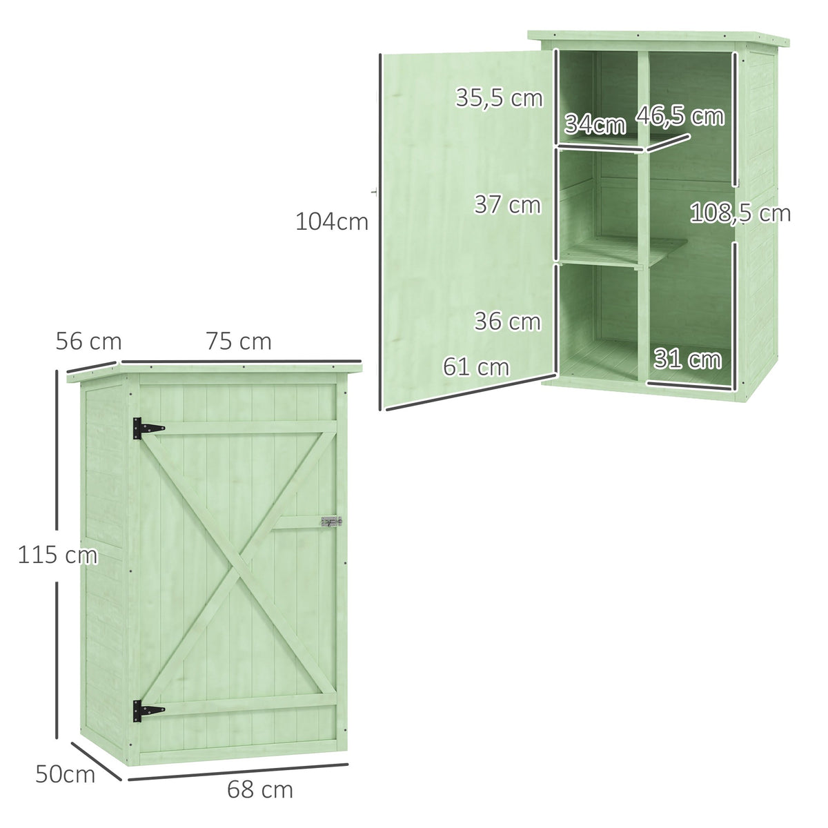 Wooden Garden Shed with Shelves, Lockable, 75x56x115 cm