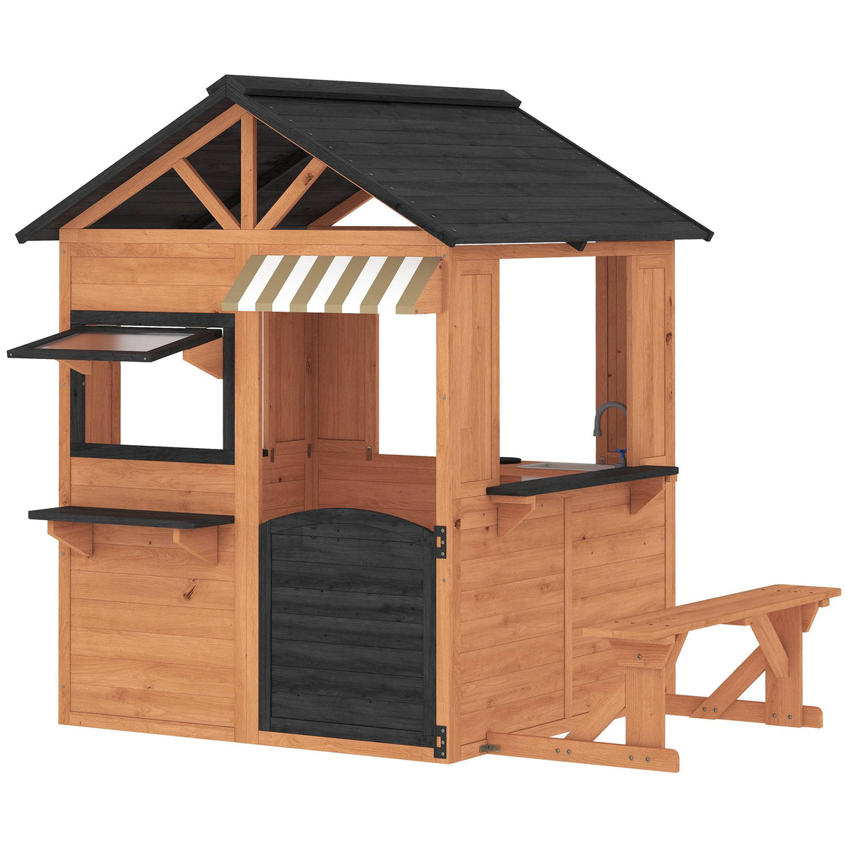 Wooden Outdoor Playhouse with Kitchen and Bench for Kids