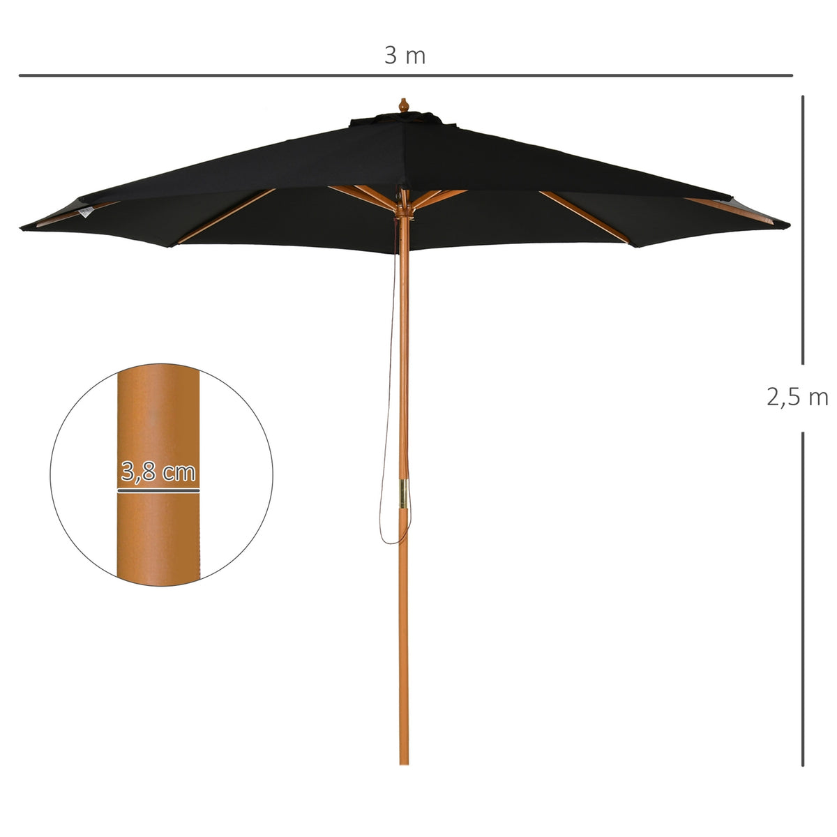 Wooden Parasol 300 Cm Garden Umbrella Balcony Umbrella Made Of Bamboo Black Robust & Elegant