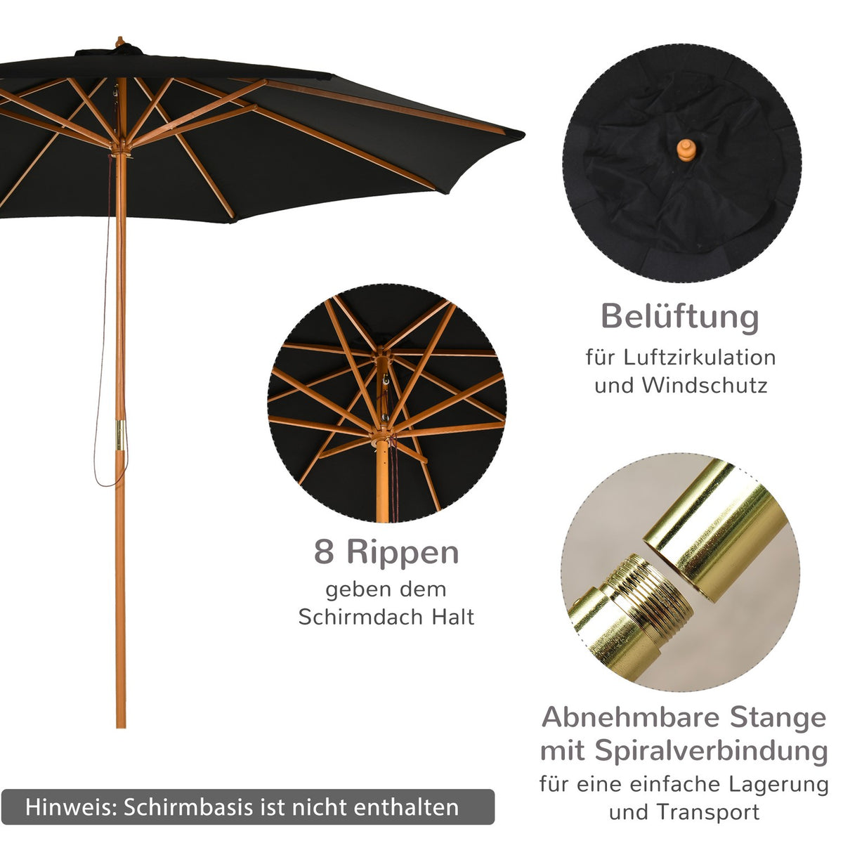 Wooden Parasol 300 Cm Garden Umbrella Balcony Umbrella Made Of Bamboo Black Robust & Elegant