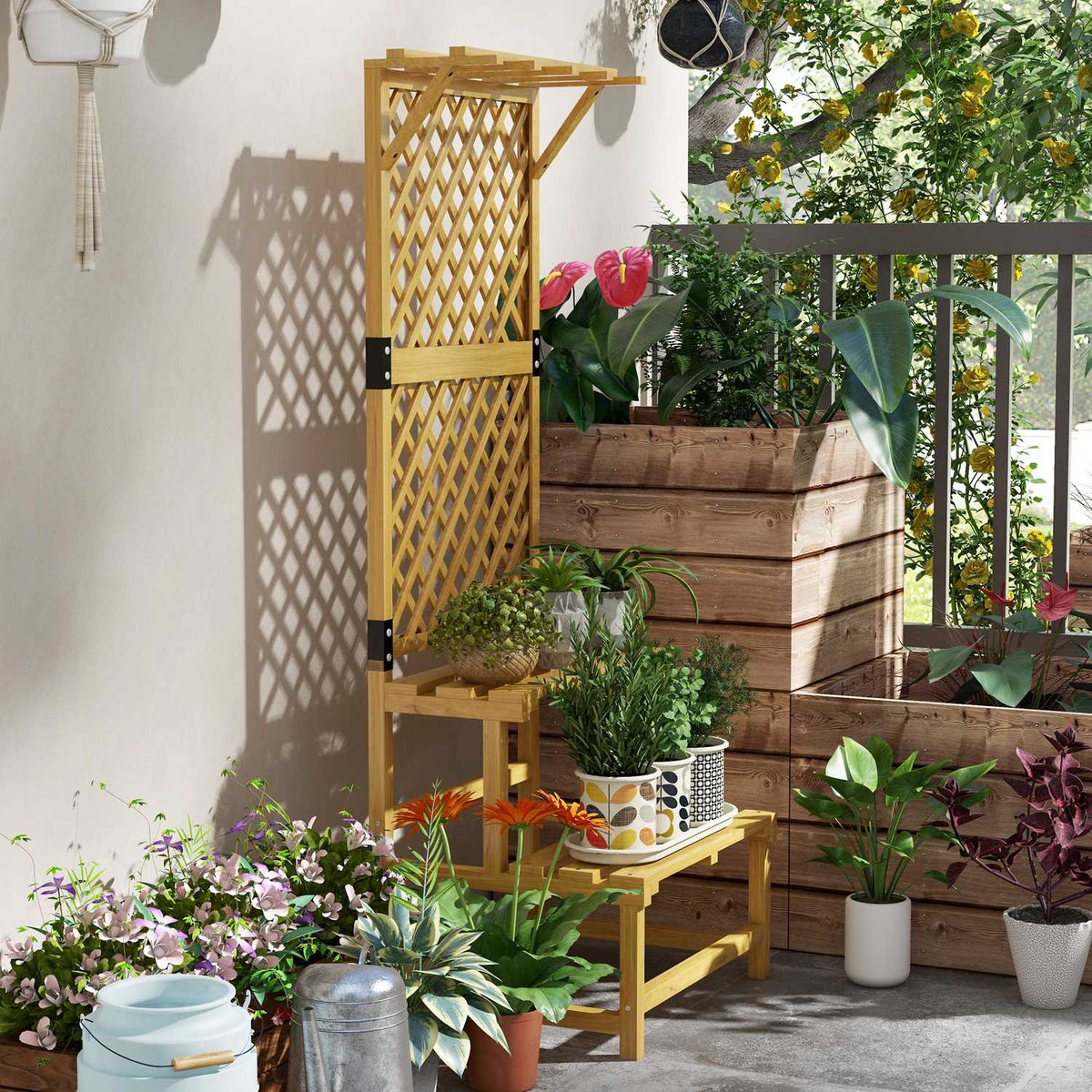 Wooden Plant Stand 2 Tier Flower Stairs Trellis Flower Shelf Plant Stairs Garden Patio Yellow 60X50X166Cm