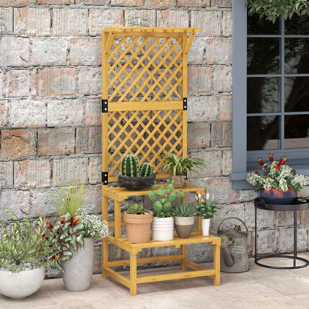 Wooden Plant Stand 2 Tier Flower Stairs Trellis Flower Shelf Plant Stairs Garden Patio Yellow 60X50X166Cm