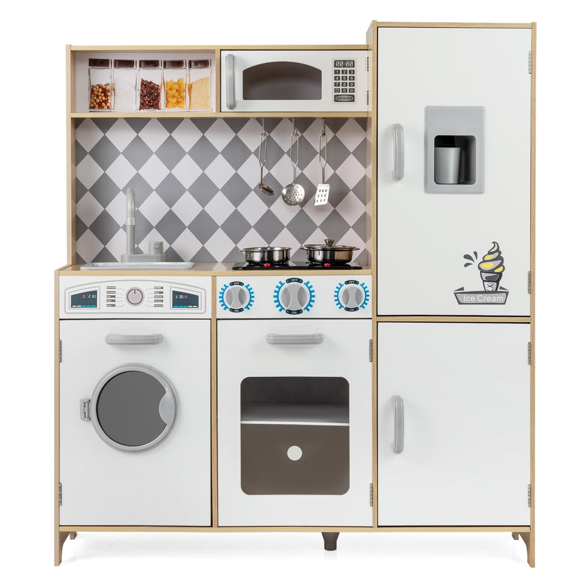 Wooden Play Kitchen Set with Ice Maker and Stove