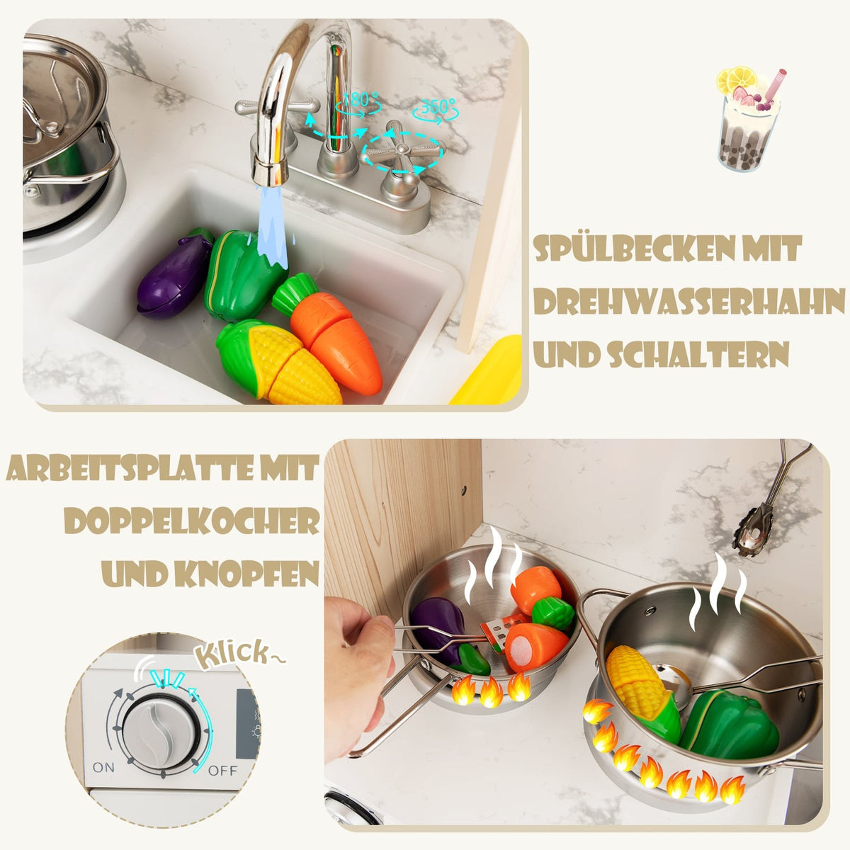 Wooden Play Kitchen Set with LED Lights & Storage