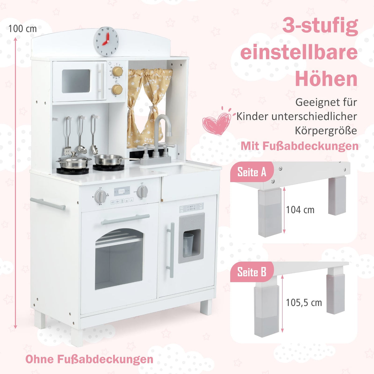 Wooden Play Kitchen with Adjustable Heights & Accessories