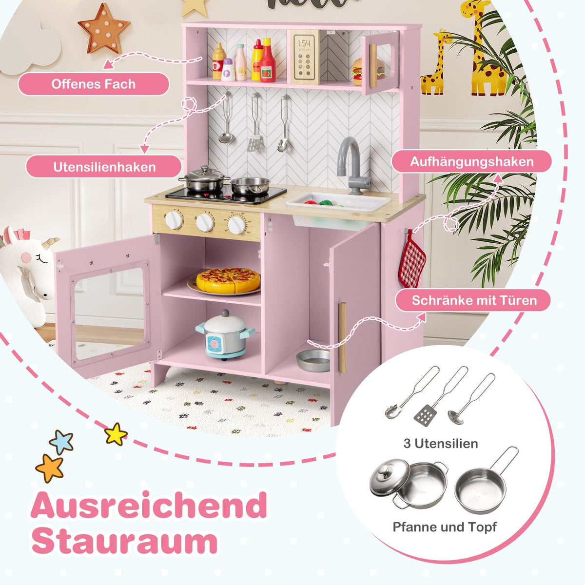 Wooden Play Kitchen with Microwave, Oven, Sink – Pink