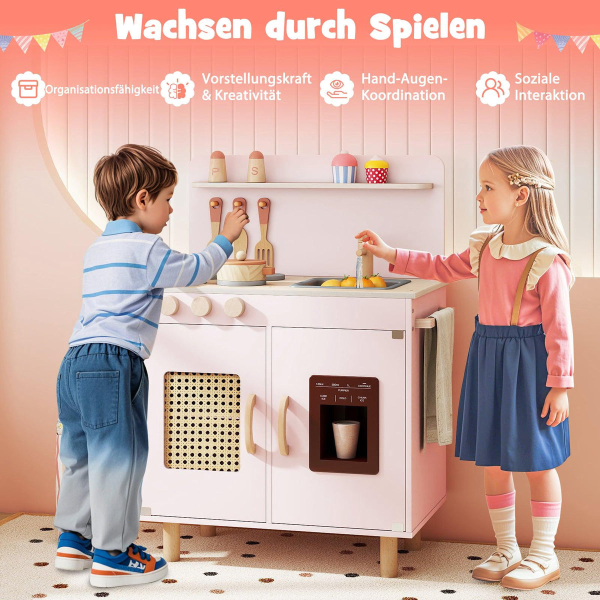 Wooden Play Kitchen with Storage and Ice Cream Machine