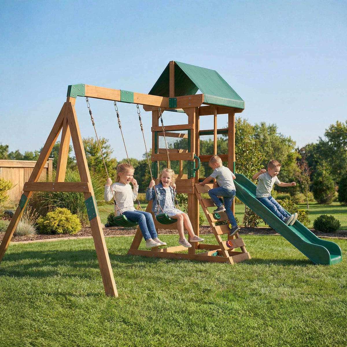 Wooden Play Tower with Slide, Swings, Climbing Wall for Kids