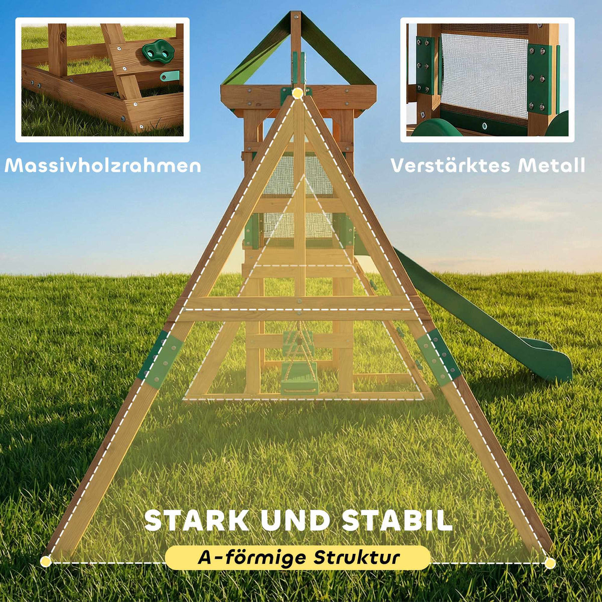 Wooden Play Tower with Slide, Swings, Climbing Wall for Kids