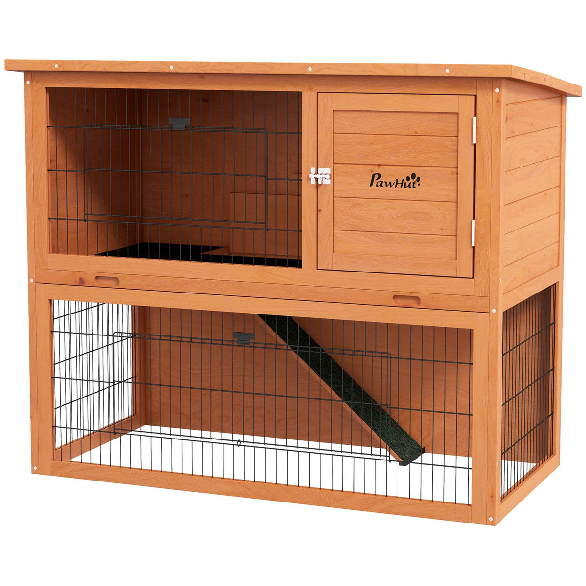 Wooden Rabbit Hutch 2-Tier Small Animal Cage With Pallets, With Outdoor Enclosure Asphalt Roof For 2 Rabbits Orange