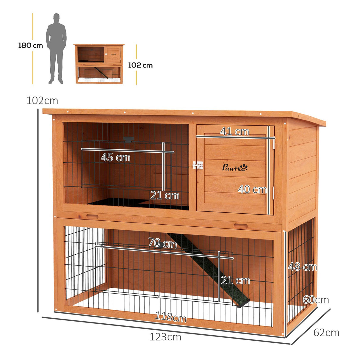 Wooden Rabbit Hutch 2-Tier Small Animal Cage With Pallets, With Outdoor Enclosure Asphalt Roof For 2 Rabbits Orange