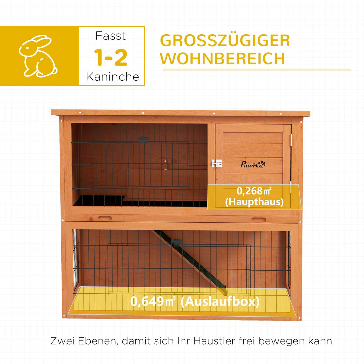 Wooden Rabbit Hutch 2-Tier Small Animal Cage With Pallets, With Outdoor Enclosure Asphalt Roof For 2 Rabbits Orange