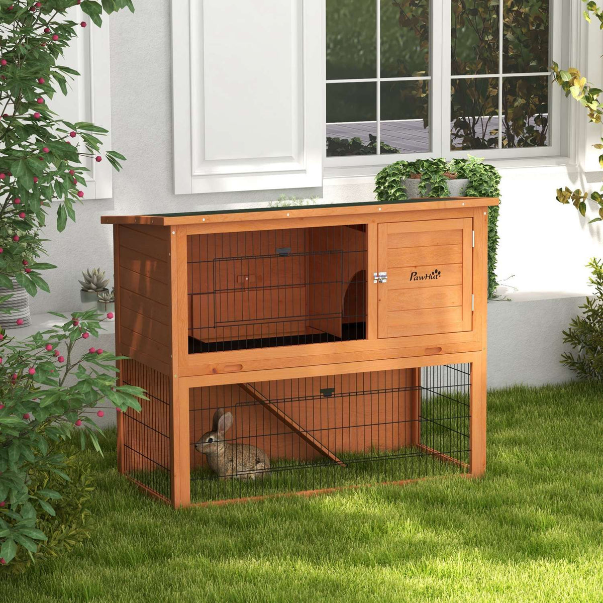 Wooden Rabbit Hutch 2-Tier Small Animal Cage With Pallets, With Outdoor Enclosure Asphalt Roof For 2 Rabbits Orange