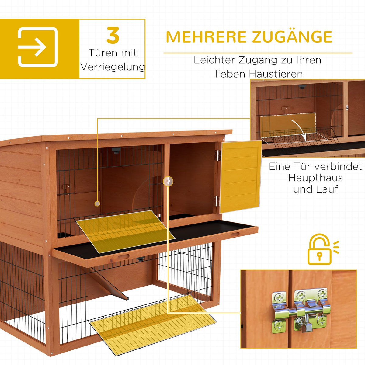 Wooden Rabbit Hutch 2-Tier Small Animal Cage With Pallets, With Outdoor Enclosure Asphalt Roof For 2 Rabbits Orange