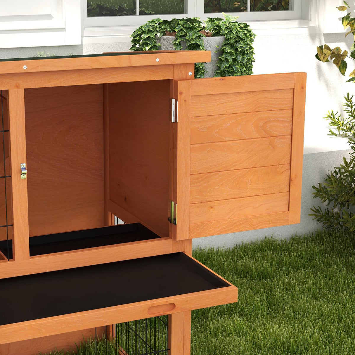 Wooden Rabbit Hutch 2-Tier Small Animal Cage With Pallets, With Outdoor Enclosure Asphalt Roof For 2 Rabbits Orange