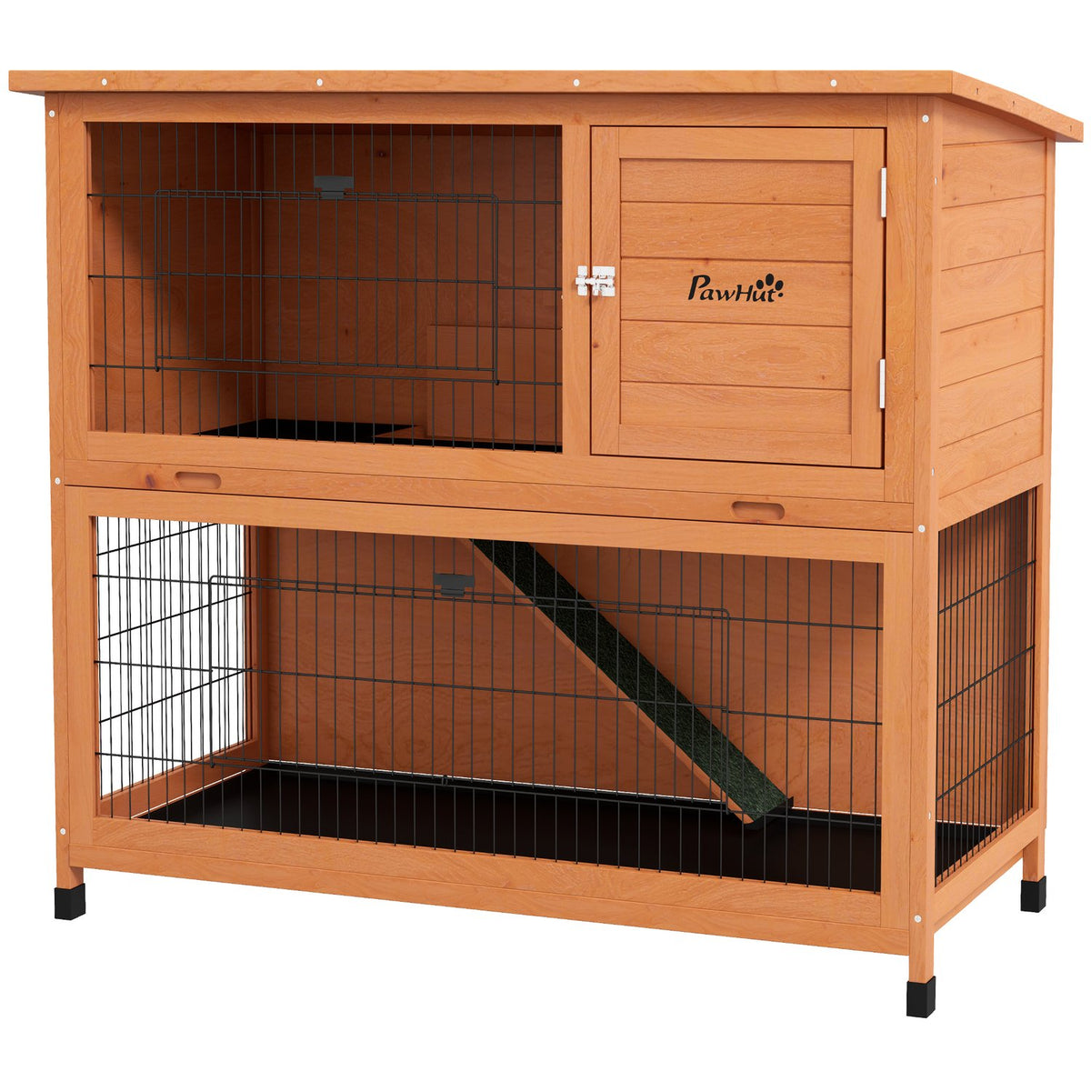 Wooden Rabbit Hutch 2 Tier Small Animal Hutch Small Animal Cage With Pallets, Ramp With Outdoor Enclosure Asphalt Roof For 2 Rabbits Orange