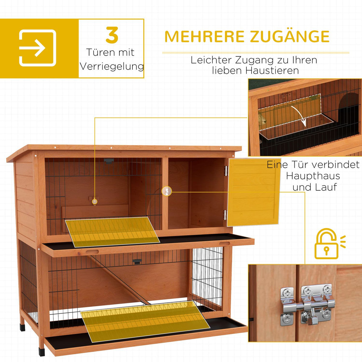 Wooden Rabbit Hutch 2 Tier Small Animal Hutch Small Animal Cage With Pallets, Ramp With Outdoor Enclosure Asphalt Roof For 2 Rabbits Orange