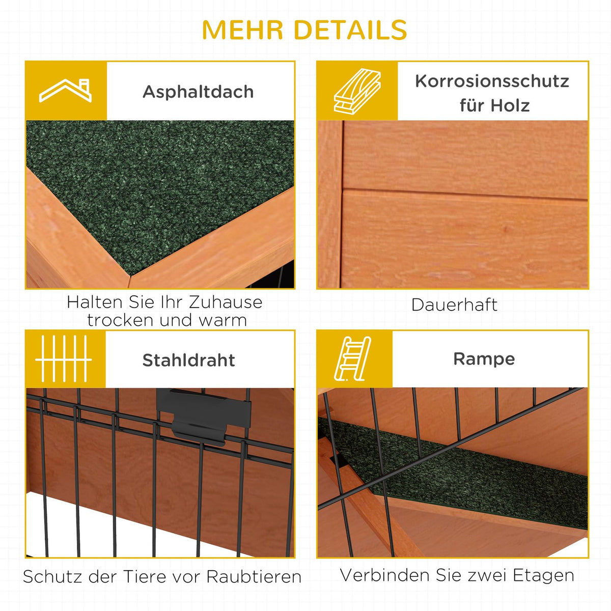 Wooden Rabbit Hutch 2 Tier Small Animal Hutch Small Animal Cage With Pallets, Ramp With Outdoor Enclosure Asphalt Roof For 2 Rabbits Orange