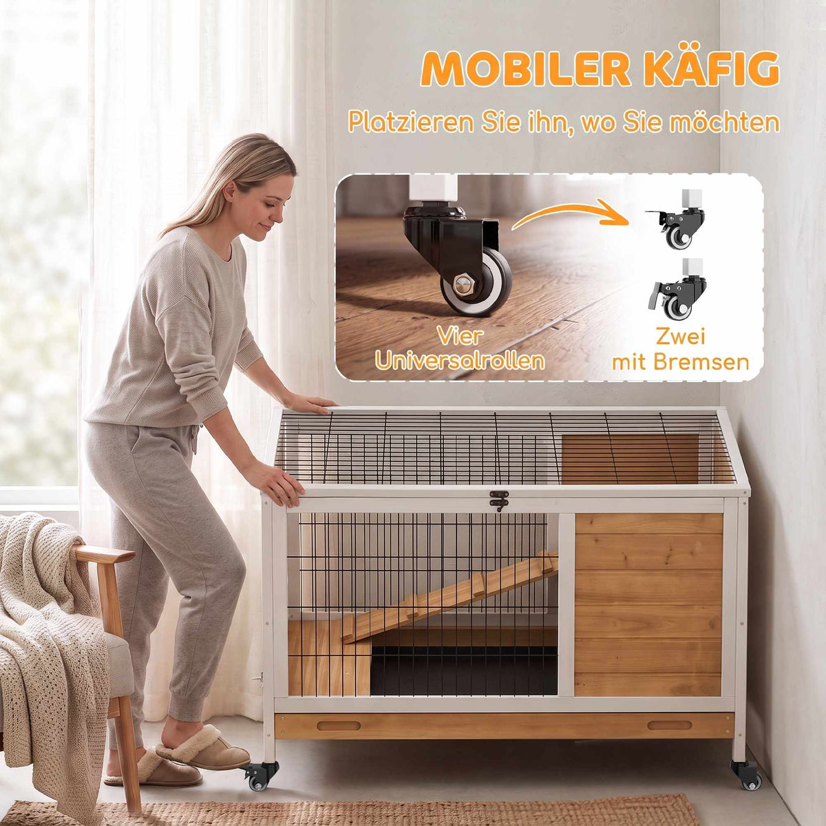 Wooden Rabbit Hutch with Wheels, 2 Levels, Yellow/White
