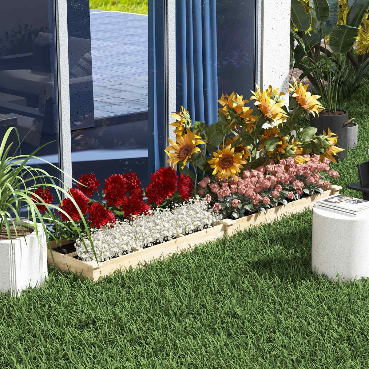 Wooden Raised Bed, Large Plant Box With 2 Compartments, Flower Box, Herb Bed, Vegetable Bed For Garden, Balcony, Natural, 237 X 60 X 25Cm