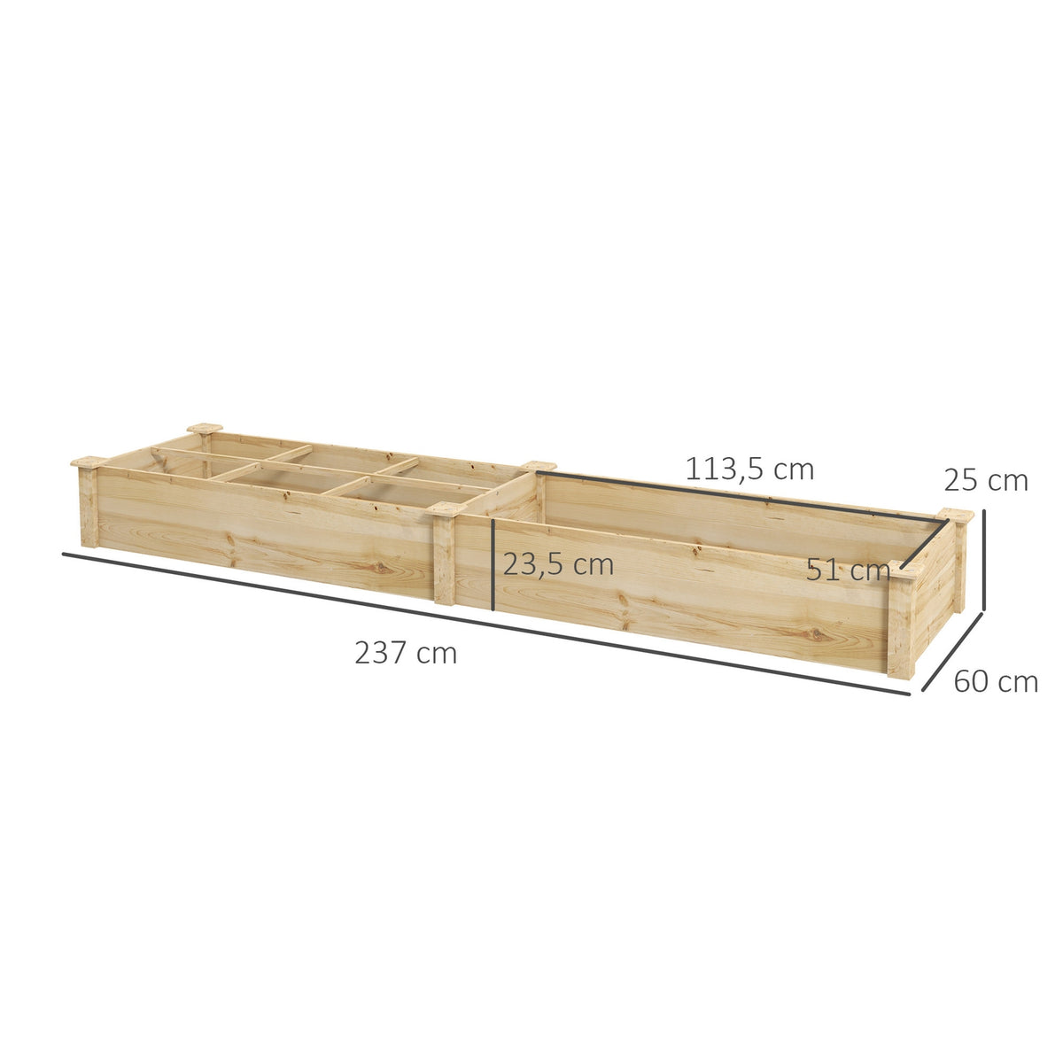 Wooden Raised Bed, Large Plant Box With 2 Compartments, Flower Box, Herb Bed, Vegetable Bed For Garden, Balcony, Natural, 237 X 60 X 25Cm