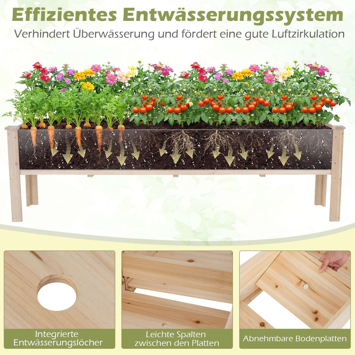 Wooden Raised Garden Bed with Drainage Holes, 2 Plant Zones