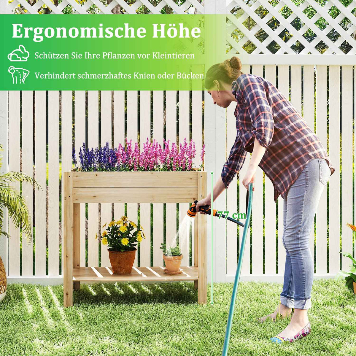 Wooden Raised Garden Bed with Shelf and Drainage