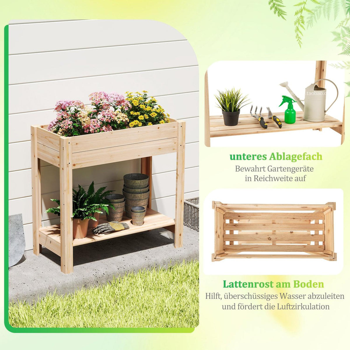 Wooden Raised Garden Bed with Shelf and Drainage