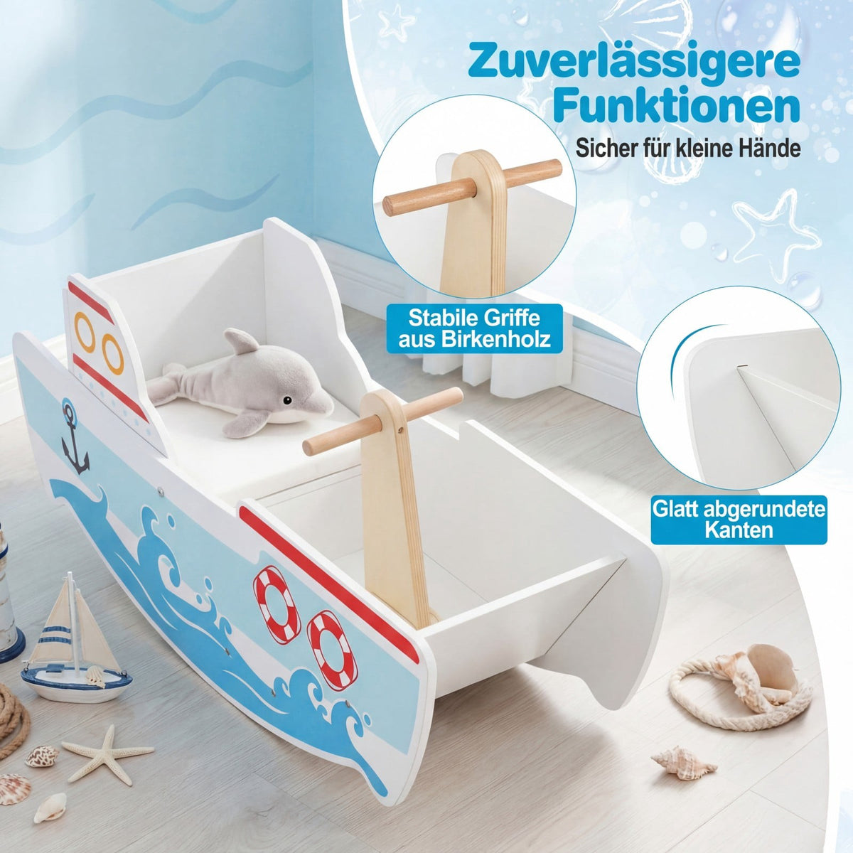 Wooden Rocking Boat with 40 Swing & Backrest
