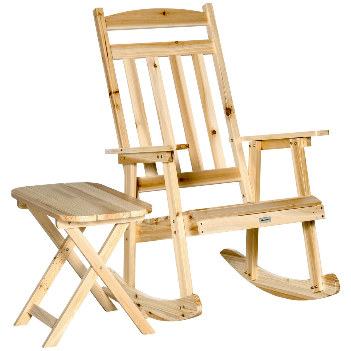 Wooden Rocking Chair With Side Table 2-Piece Rocking Chair Set Garden Chair With Armrests High Back Outdoor Natural